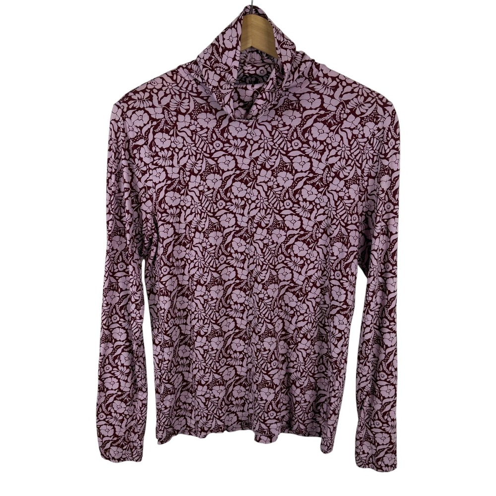 J Crew Floral Tissue Turtleneck Top Large Burgundy Cotton Lightweight Preppy